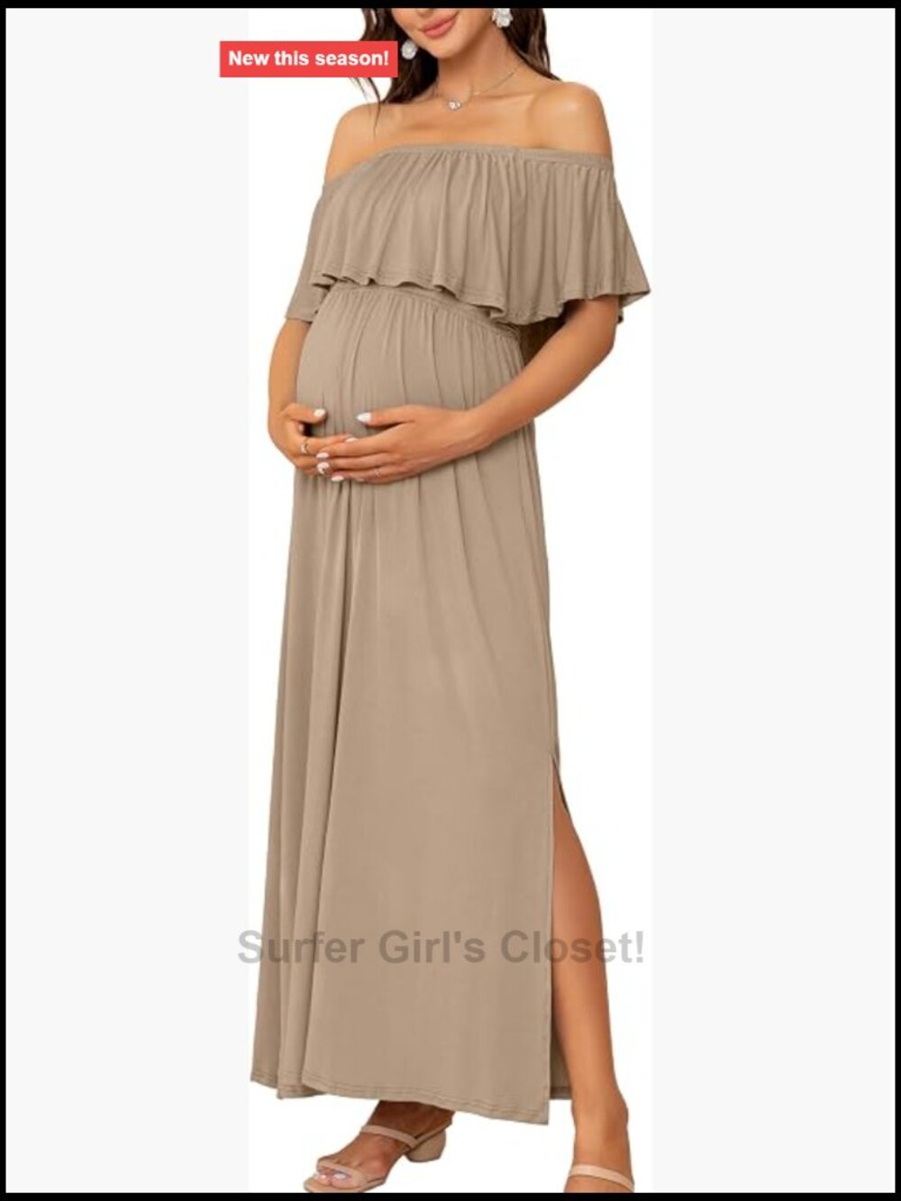 Off Shoulder Ruffle Sleeve Maternity Maxi Dress Side Slit